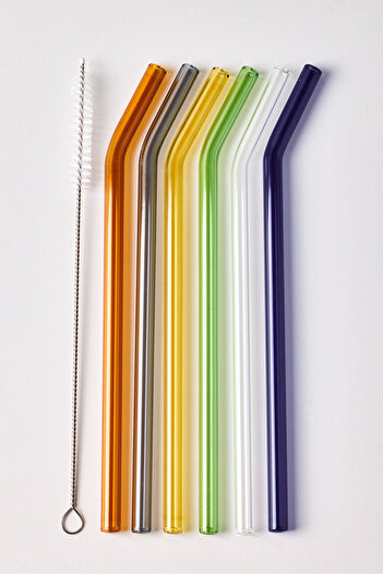 Perotti 6-Piece Colored Glass Inclined Straw - Heat Resistant Borosilicate Straw and Cleaning Brush
