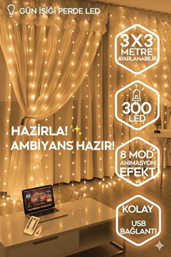 Canderel Kumandalı 8 Ayrı Moda Sahip 3mx3m ( 300 Cm X 300 Cm ) Perde Peri Usb Led