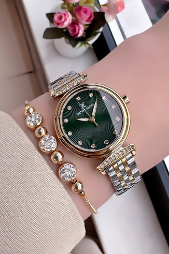 Daniel Klein Women's Wristwatch - Gold Silver Green Steel Band Waterproof Rhinestone Case Gift Bracelet