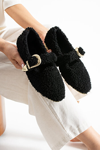 Moda Devrin Women's Black Wool Buckle Winter Ballerina Shoes for Home and Outdoor Use