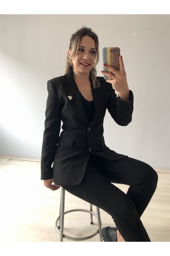 Gözde Tasarım Butik Premium Blazer Jacket with Blanking Lines in Black Color