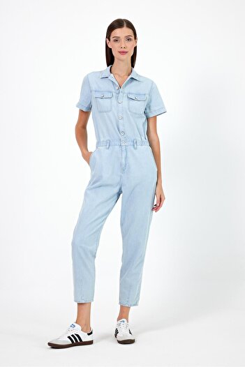 VENA Norah Sky Blue Short Sleeve Jean Jumpsuit-Sky Blue