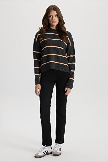 VENA Anita Crew Neck Knit Sweater-Anthracite - Orange Striped