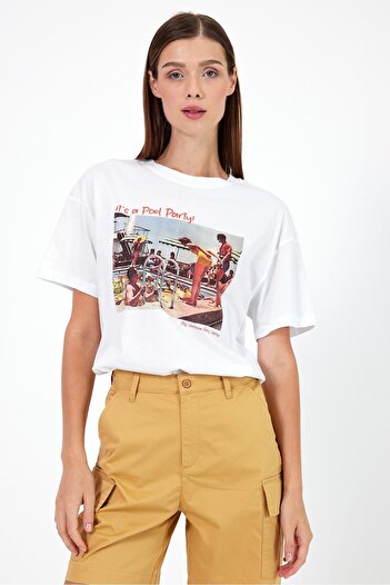 VENA Pool Party Printed Crew Neck T-Shirt-White
