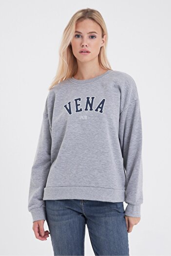 VENA Kadın Bisiklet Yaka Logo Baskılı Pamuklu Sweatshirt-Gri Melanj