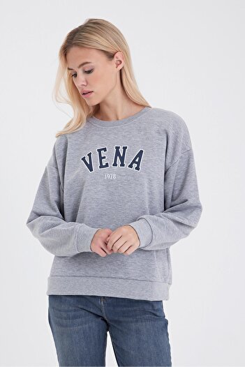 VENA Kadın Bisiklet Yaka Logo Baskılı Pamuklu Sweatshirt-Gri Melanj