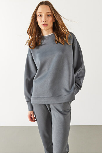 VENA Kadın Bisiklet Yaka Yanı Yırtmaçlı Yumuşak Dokulu Sweatshirt (CUPRO) - ANTRASİT