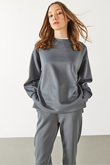 VENA Kadın Bisiklet Yaka Yanı Yırtmaçlı Yumuşak Dokulu Sweatshirt (CUPRO) - ANTRASİT