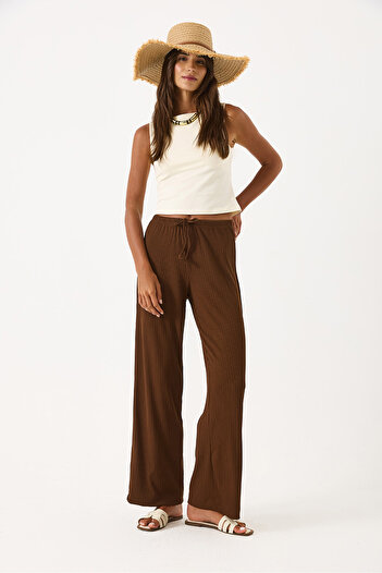VENA Women's Wide Leg Draped Trousers with Elastic Waist - Brown