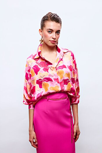 Sateen Floral Patterned Casual Shirt - Fuchsia-Orange