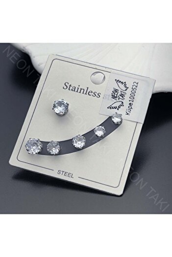 Neon Takı by Atalay Receptivity Tag and Multiple , Zircon Stone , Stainless Steel Earrings 522 , Silver Color
