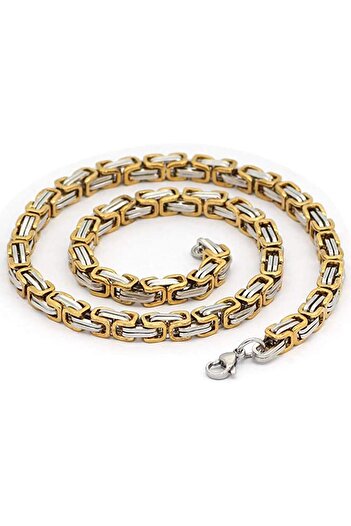 TREND COLLECTİON Erkek Gold-gümüş Çelik 5 Mm Kral Model Kolye Bileklik Set