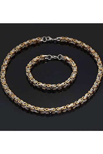 TREND COLLECTİON Erkek Gold-gümüş Çelik 5 Mm Kral Model Kolye Bileklik Set