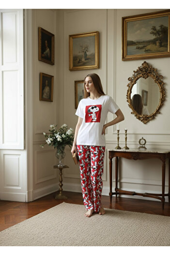 Laviera Women's Red Top and Bottom Pajama Set, Cartoon Character Printed