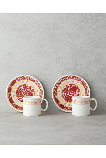 English Home Seris Bone Porcelain 4 Piece Coffee Cup Set for 2 Persons 90 ml Pink - Yellow