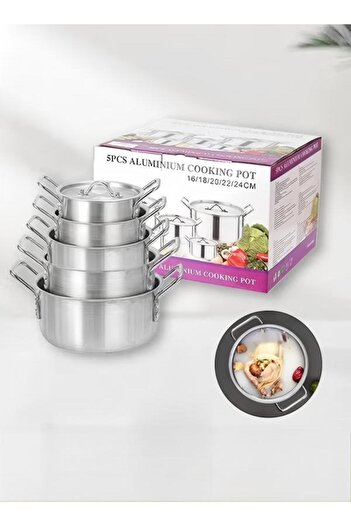 Generic طقم أواني طهي من الألومنيوم مكون من 5 قطع مع غطاء ومقبض، كبير ومتوسط وصغير، مناسب لليخنات، 1