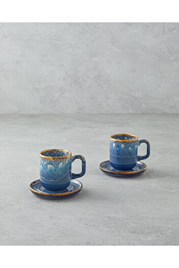 English Home Alicent Ceramic 4 Pieces Double Coffee Cup Set for 2 People 150 ml Blue