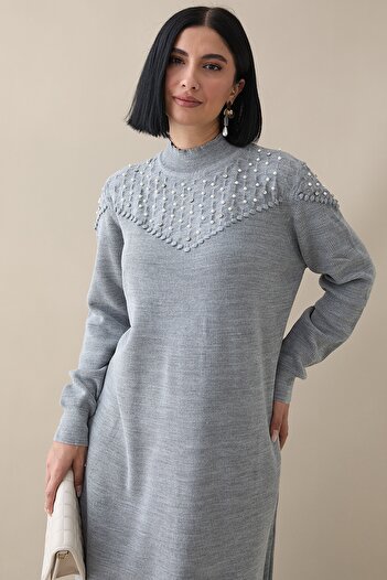 InStyle İncili Triko Elbise Gri