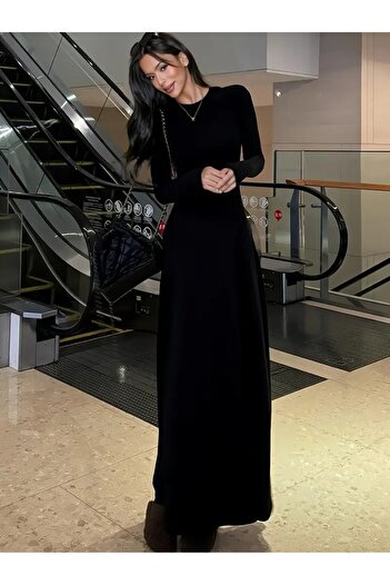 Lesa Wear Uzun kollu Likralı Vücudu Saran A kesim Siyah Kadın Elbise, Maxi Elbise