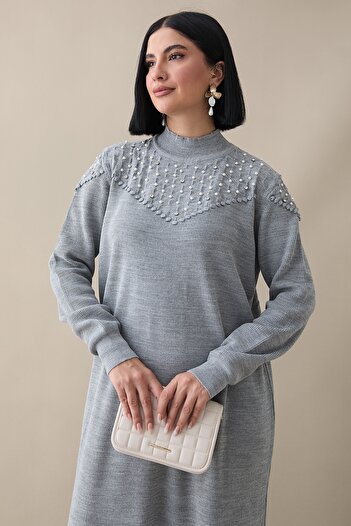 InStyle İncili Triko Elbise Gri