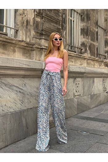 MAMAYAGA Women's High Waist Belted Patterned 100% Viscose Cotton Wide Leg Stylish Casual Large Size Curve Pants