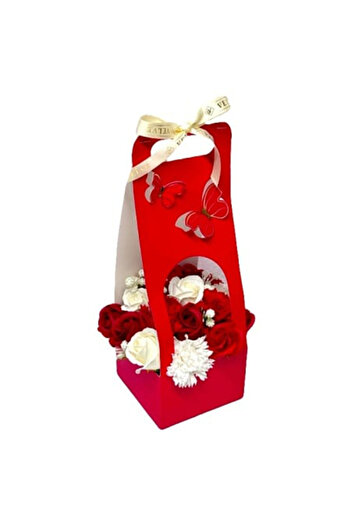 velve Aranjament floral Butterfly, cu trandafiri si garoafe din sapun, plante decorative,Rosu