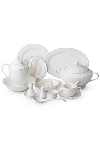 Dania 70-piece porcelain dinner set, white with gold lines, for 6 people