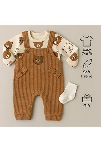 MYZİ STORE Baby 3-Piece Romper Set - Teddy Bear Patterned Bodysuit, Bear Embroidered Salopet and Socks Set, 100% Cotton