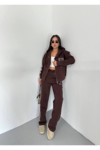 BOUQUET OF TULİP Nakisli Seritli Three-Thread Sardonlu Zippered Sweatshirt Wide Leg Tracksuit Set