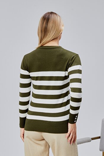 Jinx Wear Fashion Striped Wool Women's Trendy Knitwear Sweater with Collar and Cuff Button Detail
