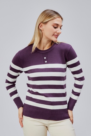 Jinx Wear Fashion Striped Wool Women's Trendy Knitwear Sweater with Collar and Cuff Button Detail