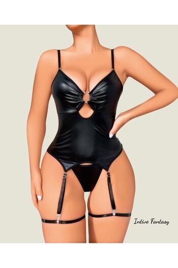 İntive Lingerie Intive Fantasy Black Latex Shiny Fabric Deep Decolletage Garter Suit with Leg Accessories