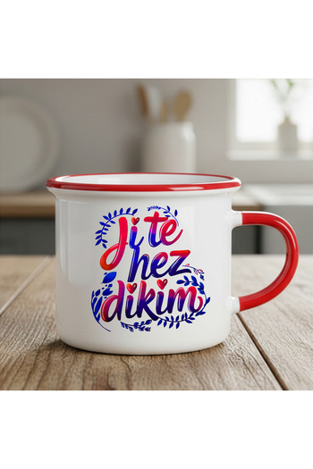 ZERYA Special Ji Te Hez Dikim Enamel Red Mug for Kurdish Lovers - Ji Te Hez Dikim Enamel Cup