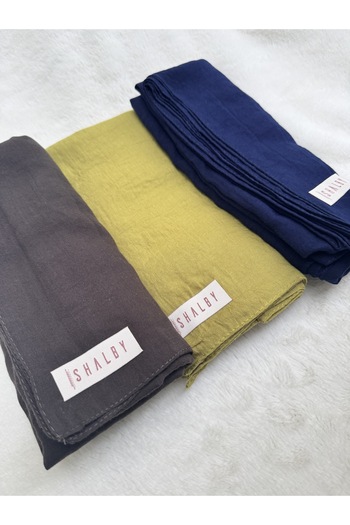 shalby Hijab Plain Cotton Crash Shawl Set of 3 (Shadow Grey, Oil Green, Dark Navy Blue)