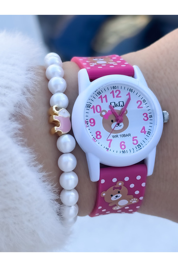 Q&Q Girl's Wristwatch, Pink Silicone Strap 10 Atm Suitable for Pool and Sea Use, with Pearl Bracelet Gift