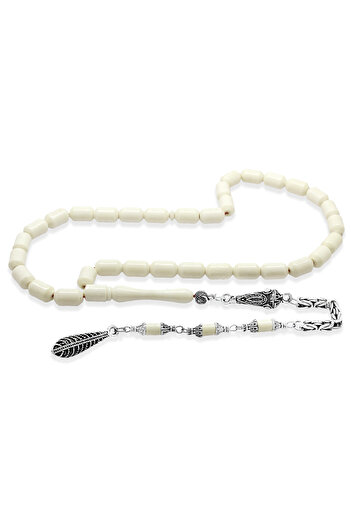 Tesbihane Non-Tarnish Metal King Chain Tassel-Tipped Capsule Cut Natural Color Red Drawstring Camel Bone Prayer Beads