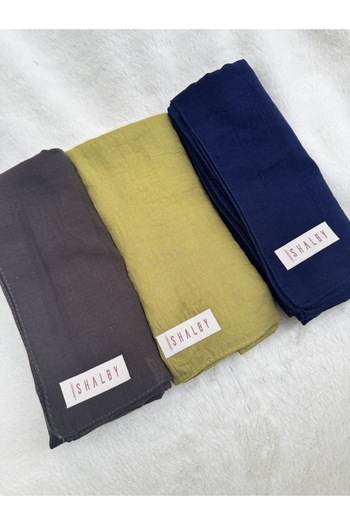 shalby Hijab Plain Cotton Crash Shawl Set of 3 (Shadow Grey, Oil Green, Dark Navy Blue)