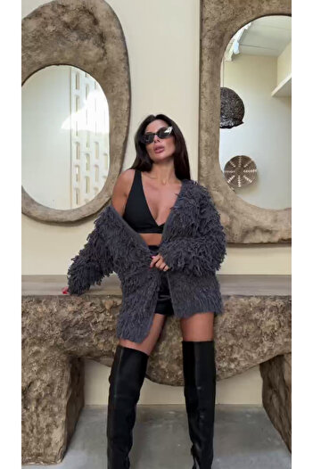 Julidress Anthracite Tasseled Premium Knitwear Wool Cardigan
