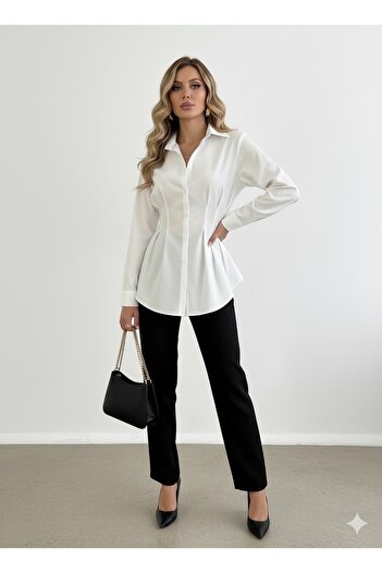 Blue Morpho Waist-Tightened Pleated Tunic Shirt