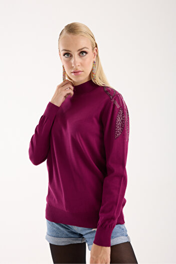Moda Days Women's Plum Elite Viscose Fabric Stone Detailed Shoulders Half Turtleneck Knitwear Blouse