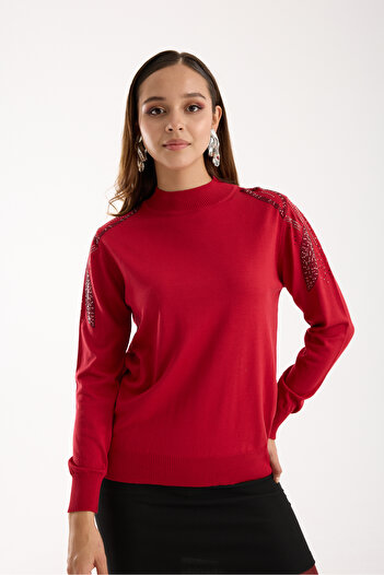 Moda Days Women's Red Elite Viscose Fabric Stone Detailed Shoulders Half Turtleneck Knitwear Blouse