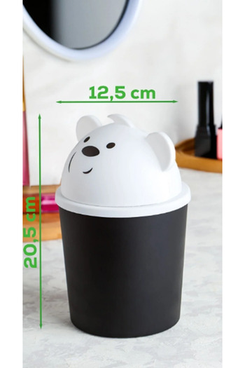 AKTEZ-EL Black-White Mini Desktop Trash Can 1 Lt for Children for Office Study Desk with Table Top Teddy Bear