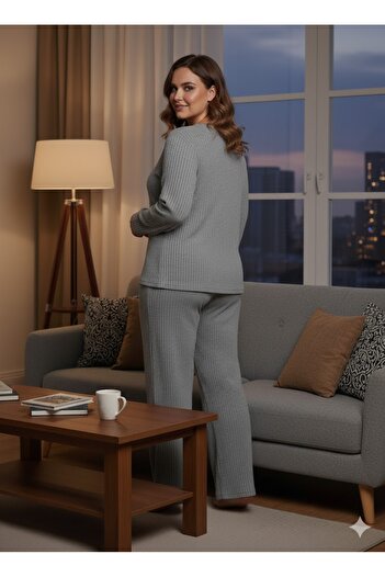 FAMES PİJAMA Women's Gray Plus Size Pajama Set