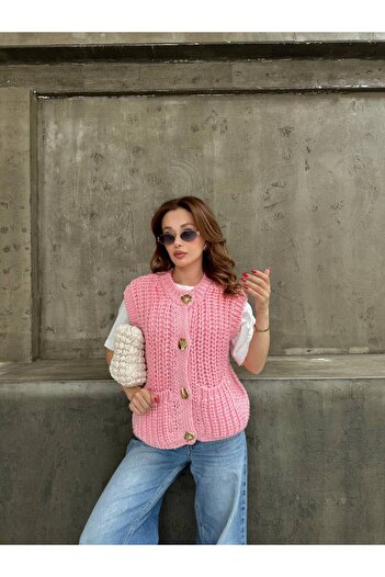 BOUQUET OF TULİP Gold Buttoned Thick Knitted Pocket Vest