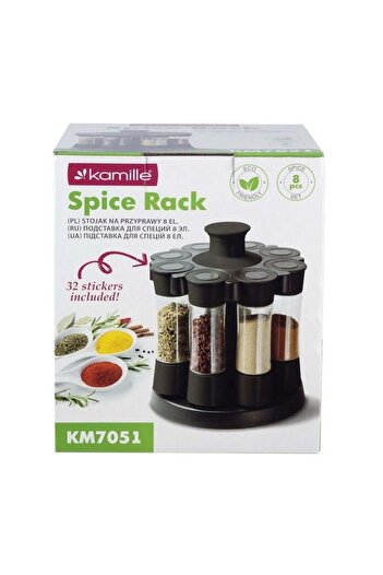 Kamille Rotating Spice Rack with 8 Containers, Transparent/Black