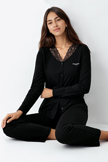 Pierre Cardin Women's Long Sleeve Lace Detailed Stylish Pajama Set