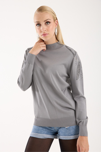 Moda Days Women's Gray Elite Viscose Fabric Stone Detailed Shoulder Half Turtleneck Knitwear Blouse