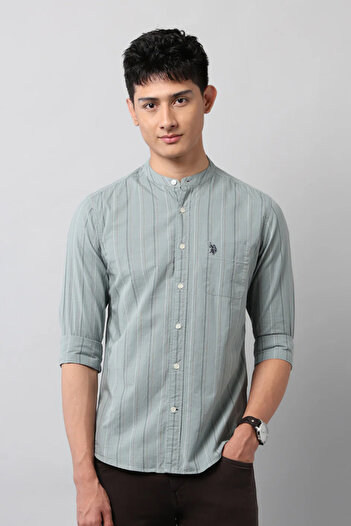 U.S. Polo Assn. Men's Green Vertical Stripe Fold Down Collar Tailored Fit Shirt