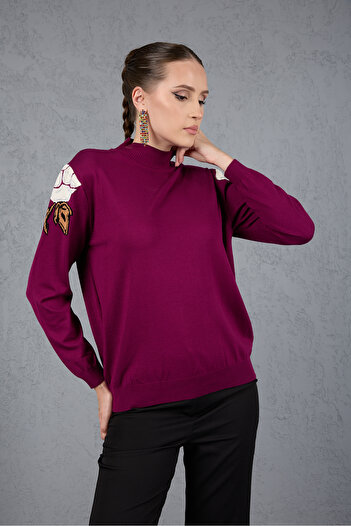 Moda Days Women's Plum Elite Viscose Fabric Stone Detailed Shoulders Half Turtleneck Knitwear Blouse