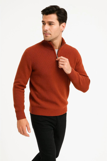 REKA MODA Men's Half-Zip Knit Sweater – Thessaloniki Knit, Stand-Up Collar, Cotton Woven, Regular Fit Long